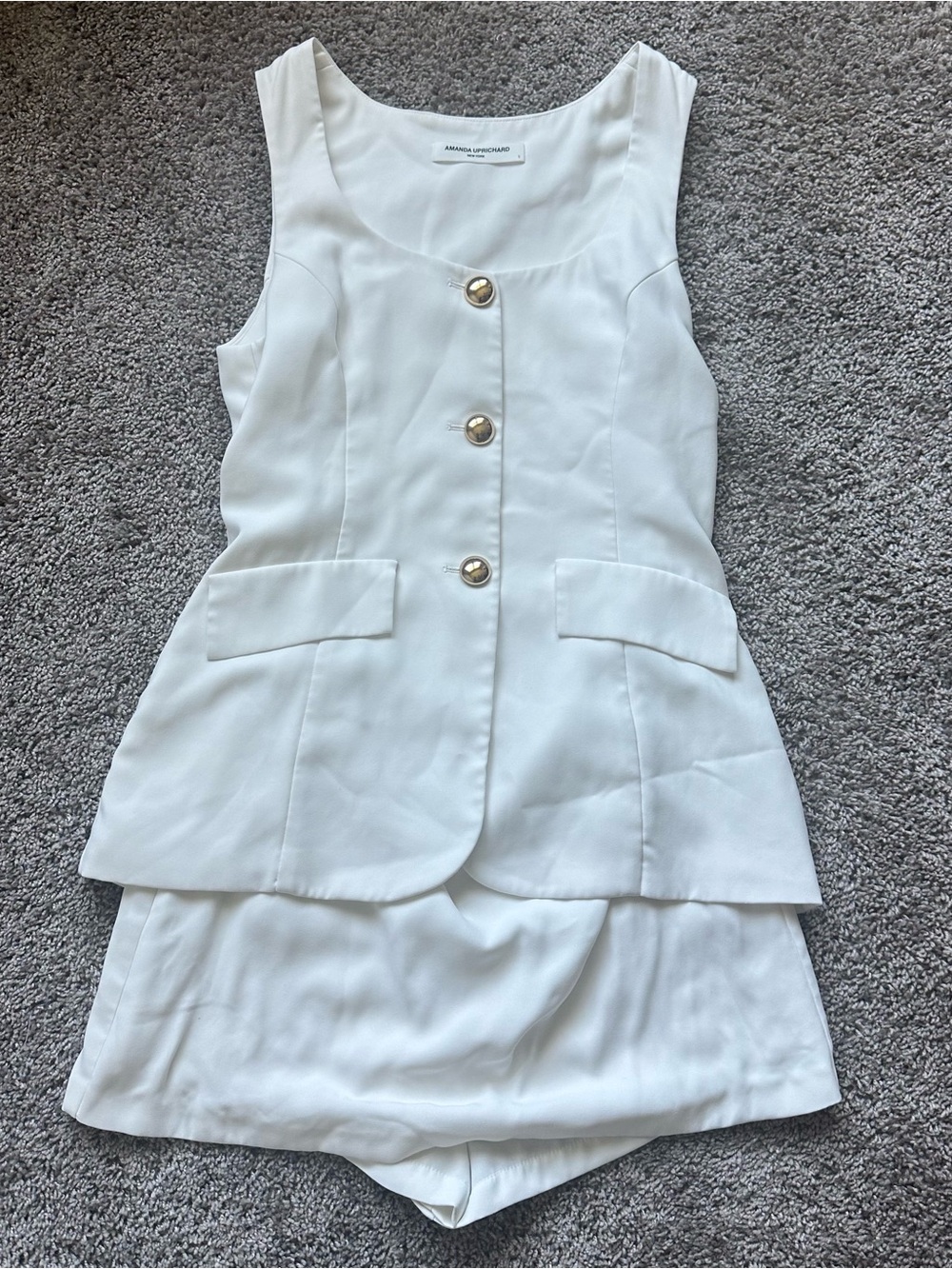 Amanda Uprichard White Sleeveless Mini Dress with Gold Buttons